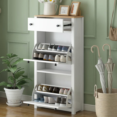Rangement fonctionnel pour hall d'entrée avec 2 tiroirs rabattables, armoire à chaussures à motif grain de bois avec tiroir, range-chaussures autoportant avec panneau réglable