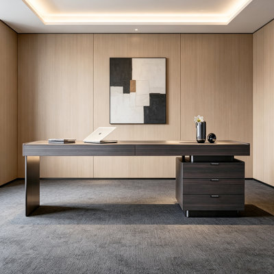 Minimalist Multi-Layer Solid Wood Desk, Home Study Computer Table with Built-in Power Strip, Single Office Desk with Solid Steel Legs