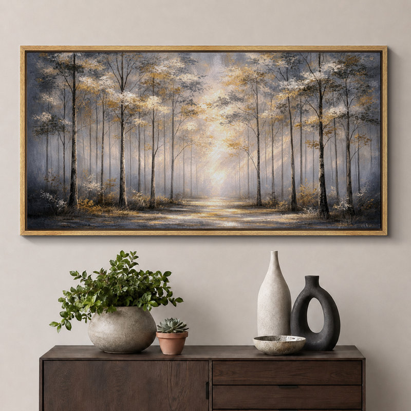 Impression sur toile encadrée, "Golden Light Forest Path Landscape", très grandes photos, H 30 po x l 60 po x P 1,5 po