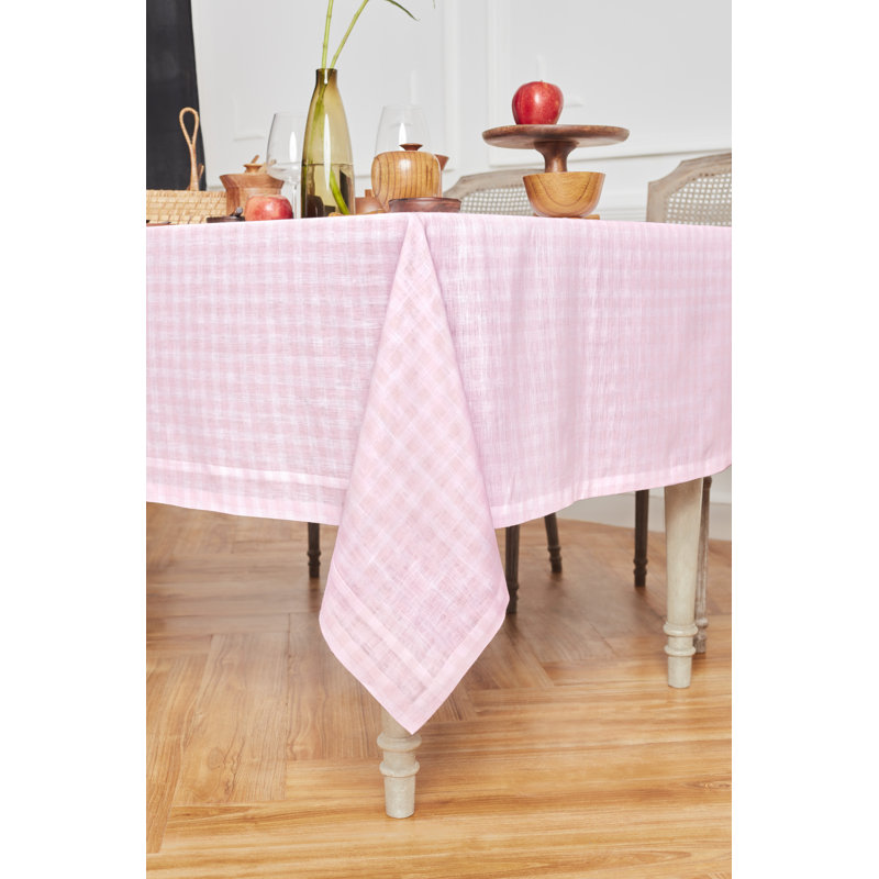 Gingham Check - 100% Pure Linen Tablecloth, Marshmellow Pink, 120" x 60"