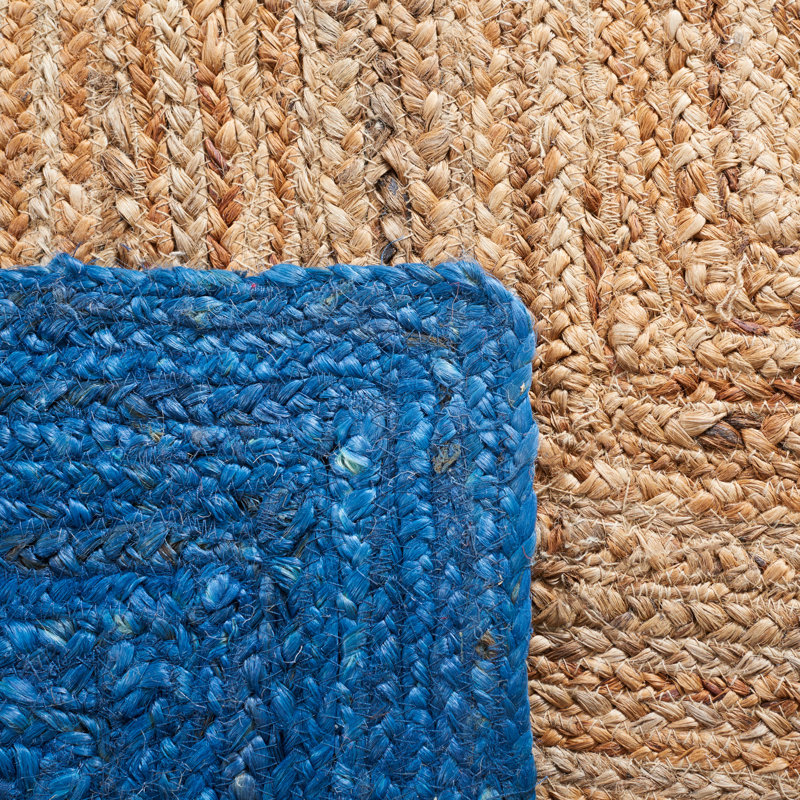Rea Natural Fiber Flat Weave Jute/Cotton Striped Rug in Natural/Blue, Rectangle 5' x 8'