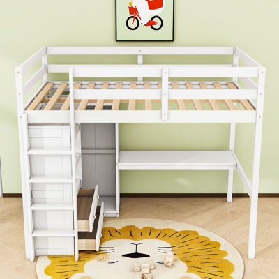 Lit mezzanine double en bois avec tiroir, armoire, bureau, tablettes et garde-corps