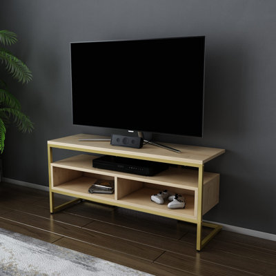 Meuble télé moderne en or et chêne, 43,3 po x 13,8 po x 19,6 po | 100% panneau de particules enduit de mélamine, épaisseur: 0,7 pouce | Conception élégante pour le salon et les espaces de divertissement, finition durable et élégante