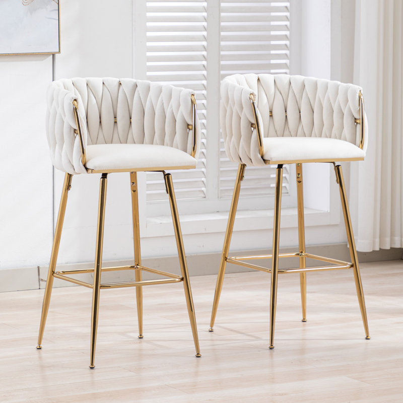 Beige Velvet Swivel Counter Stools with Golden Metal Frame, Set of 2