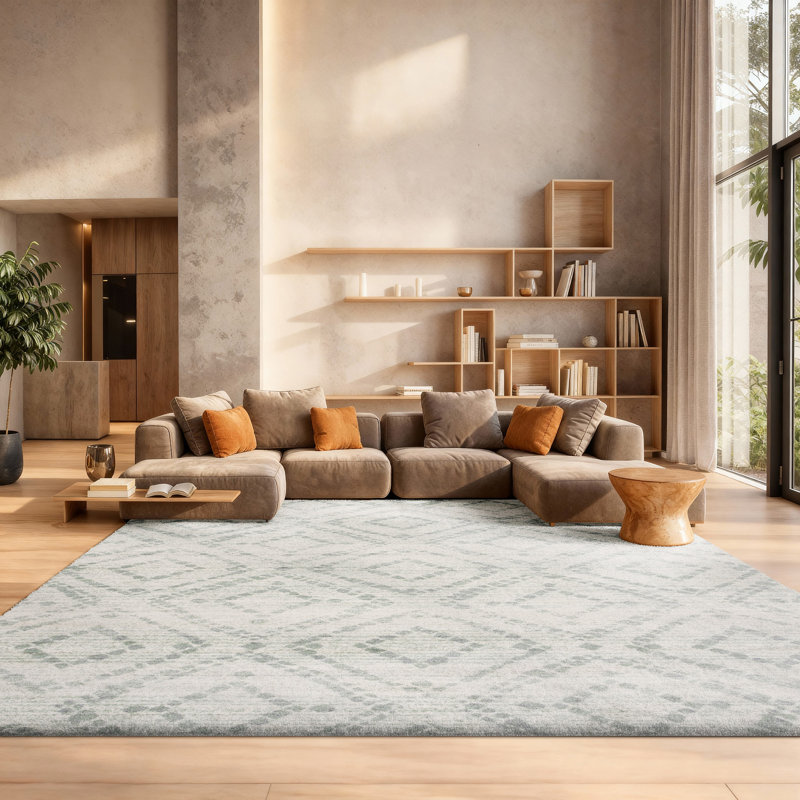 Tapis ivoire / vert à motif géométrique Almus, Rectangle 8 pi x 10 pi