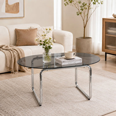 Table basse 35,43 x 23,62 ovale en verre trempé gris avec pieds en métal Home Center