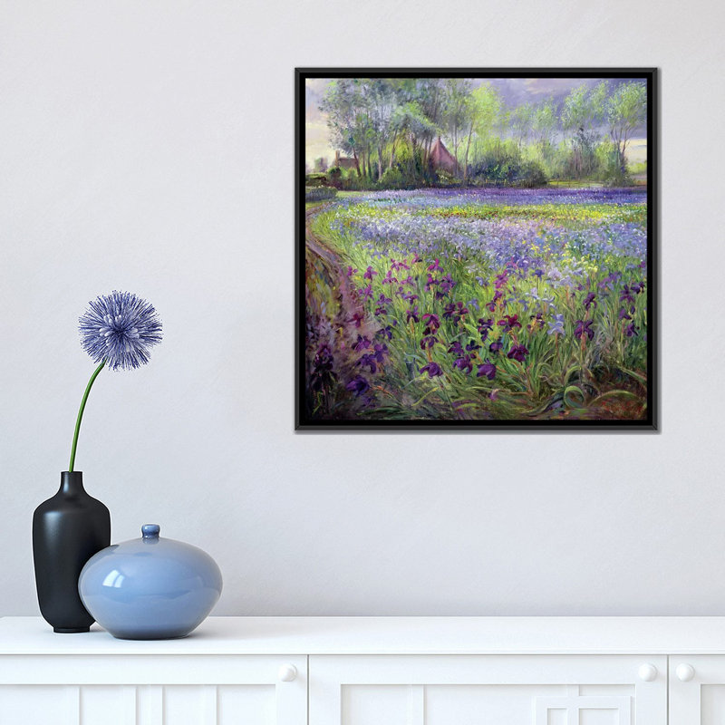 «Trackway Past the Iris Field», reproduction sur toile, H 26 po x l 26 po x P 1,5 po, Toile avec cadre noir, Pas de tapis
