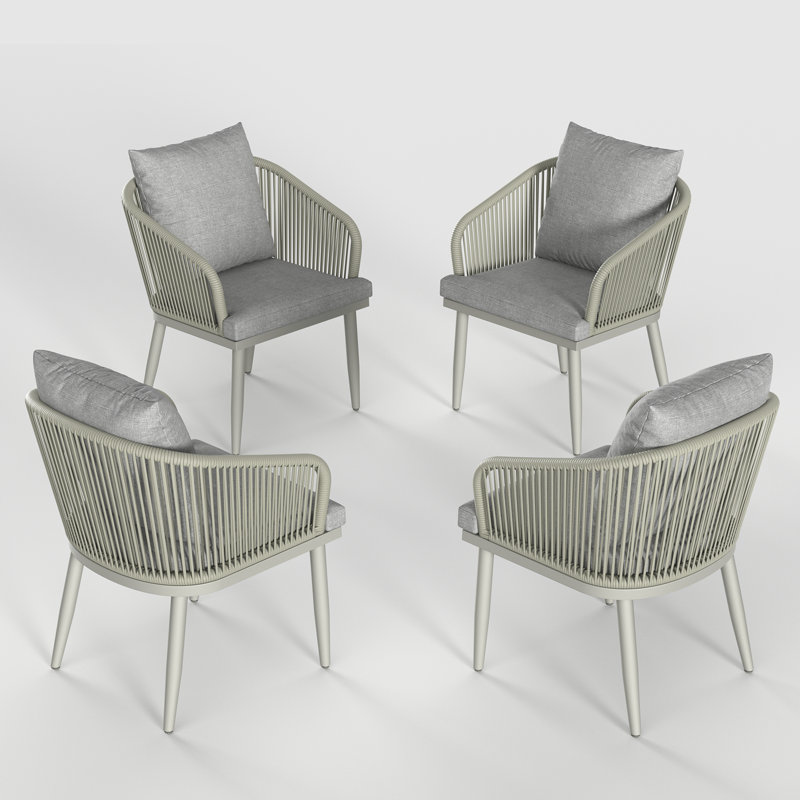 Outdoor Patio Dining Armchair with Cushion, 4, Light Grey, White