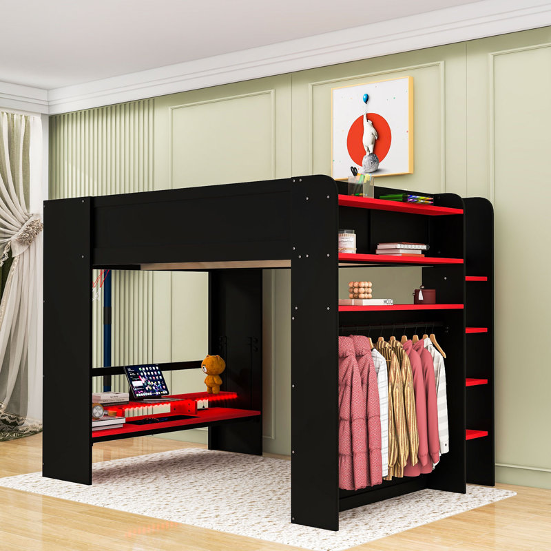 Full Wooden Loft Bed With Light Strip, Desk, USB Port And Ample Storage Space, Red