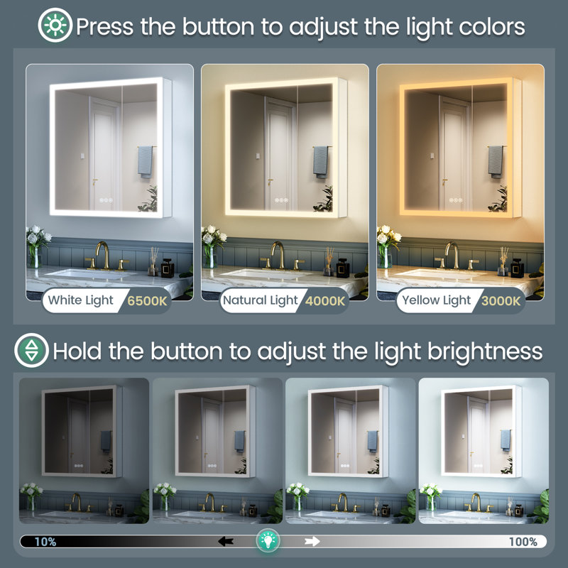 Recessed or Surface LED Mirror Medicine Cabinet, Defogger, Touch Sensor, Dimmer, Outlets and USBs, 30" H x 30" W x 5.47" D