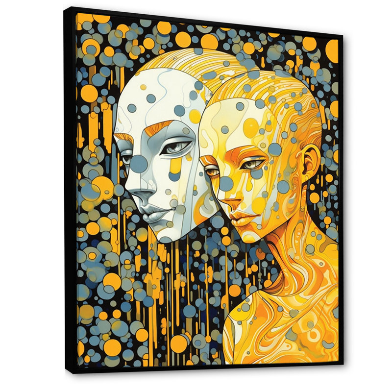 Hot Robots In Love - Illustration murale rétro, H 44 po x l 34 po x P 1,5 po, Cadre flottant noir