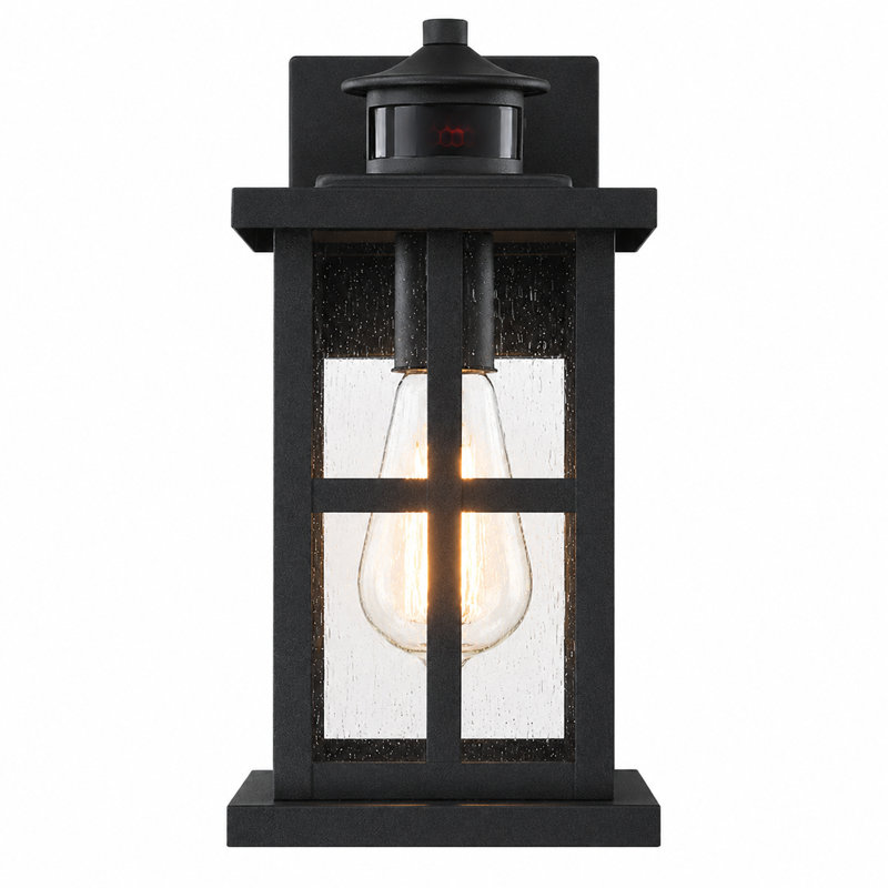 12" 1-Light Motion Sensor and Dusk to Dawn Outdoor Wall Sconce with  Seeded Glass Shade, Black, 1 Light