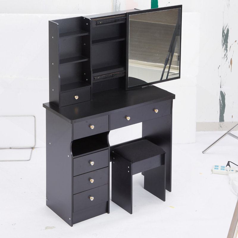 Meuble-lavabo de 37 po de taille moyenne avec tiroir à gauche, tabouret rembourré, très grand miroir coulissant à droite, rangement multi-couches à grande capacité, commode pratique et pratique, convient aux grands espaces