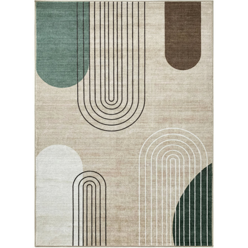 Tapis à motif abstrait beige / vert 7 pi x 10 pi (6 pi 7 po x 9 pi 6 po) Arlo, Rectangle 6 pi 7 po x 9 pi 6 po
