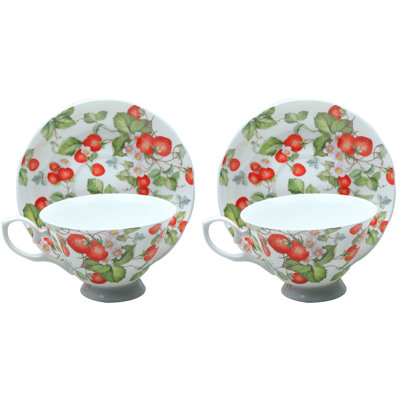Bone China Starwberry Garden teacups and Saucers, Set of 2