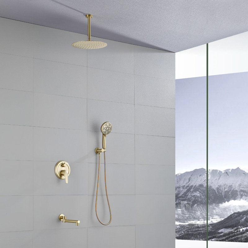 Système de douche de baignoire de plafond de 12 pouces avec douche à main à poignée simple Ensemble de garniture de douche multifonctionnelle en laiton avec valve brute