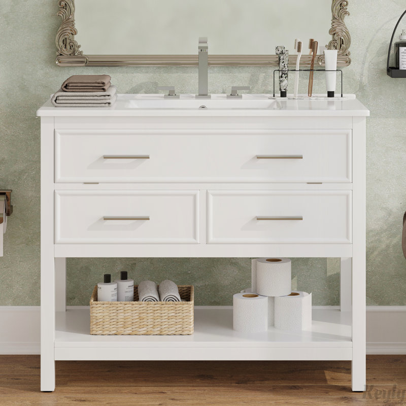 Meuble-lavabo 36 po avec lavabo en céramique, plateau basculant et 2 tiroirs pleine extension, Blanc