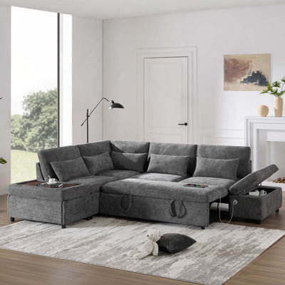 Canapé-lit modulaire en L en chenille avec canapé-lit, accoudoirs réglables, charge USB et repose-pieds de type C