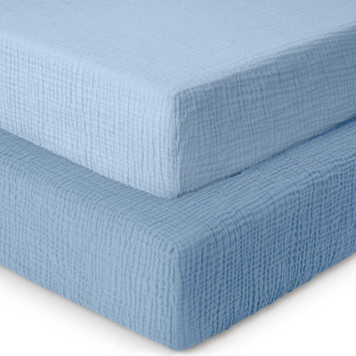 Mini Muslin Crib Sheets,100% Cotton Mini Crib Sheets,2 Pack,Soft & Breathable,Crib Sheet,Pack n Play Sheets,Pack and Play Sheets Fitted,24x38 Mini Crib Sheet | Blue and Light Blue