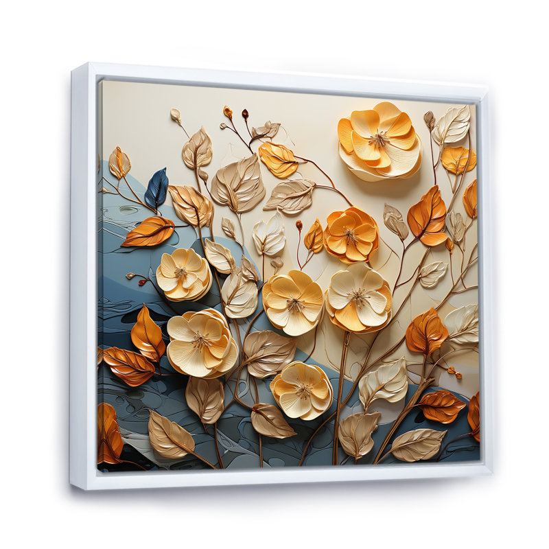 Feuilles d'or et d'orange dans la brise sur toile, Cadre flottant blanc, H 36 po x l 36 po x P 1,5 po