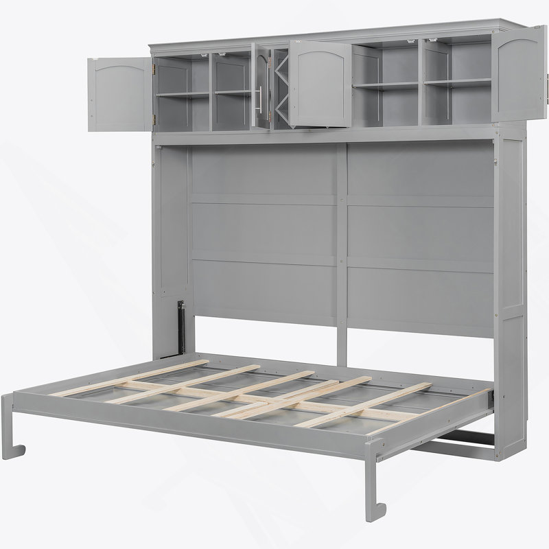 Murphy Bed Wall Bed With Top Cabinets & Wine Rack, Gray