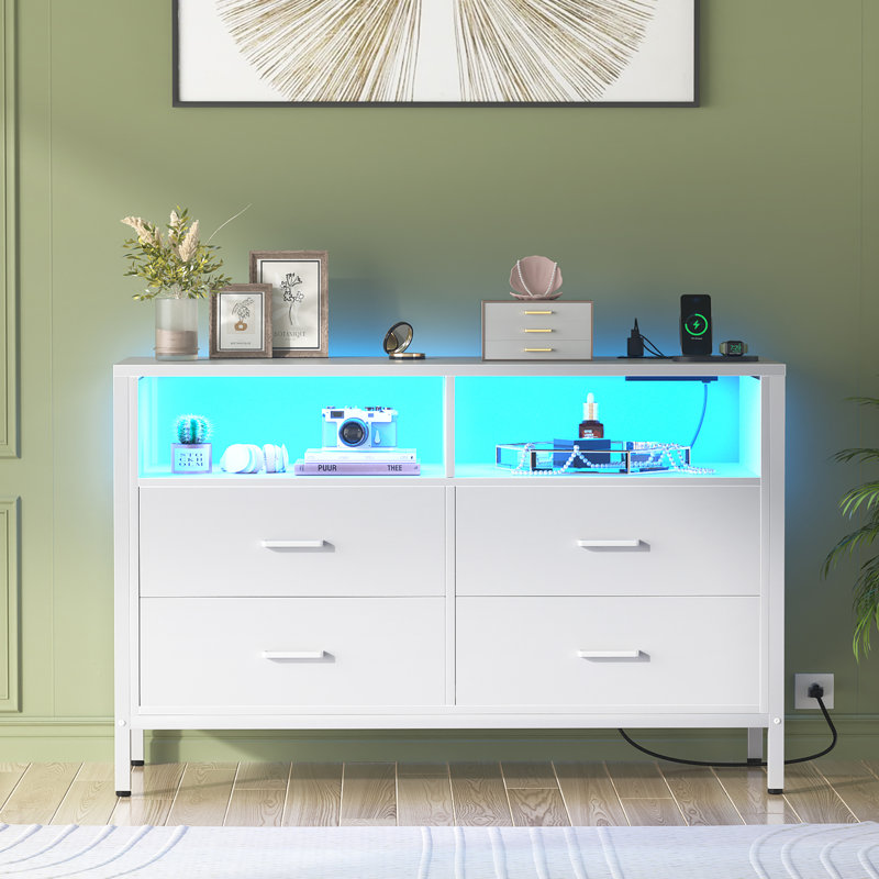 Hoston 4 Drawer Dresser With LED Lights And Power Outlets, White