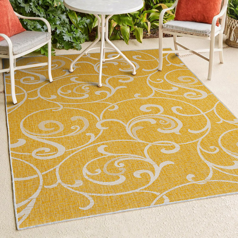 Maribel Traditional Classic All-Over Scroll Yellow/Cream Indoor/Outdoor Rug, Rectangle 7'10" x 10'