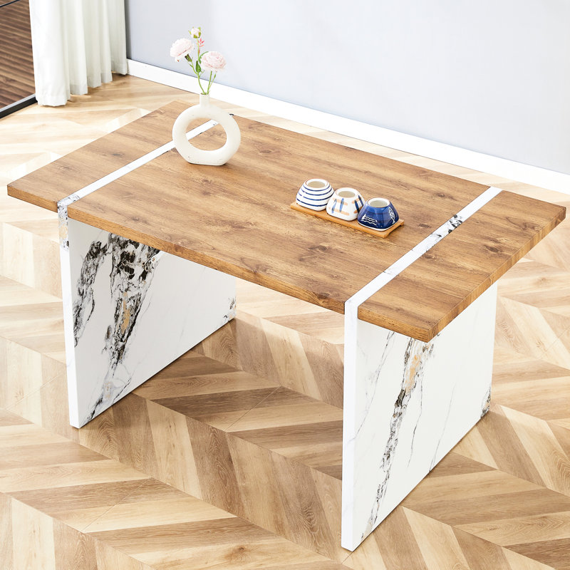 Table de salle à manger à densité moyenne de 55 po x 31,5 po, rencontre l'élégance, plateau en placage de bois, pieds en marbre, peu d'entretien, installation sans effort, pouces blancs, mélange d'élégance, amplement d'espace pour 4