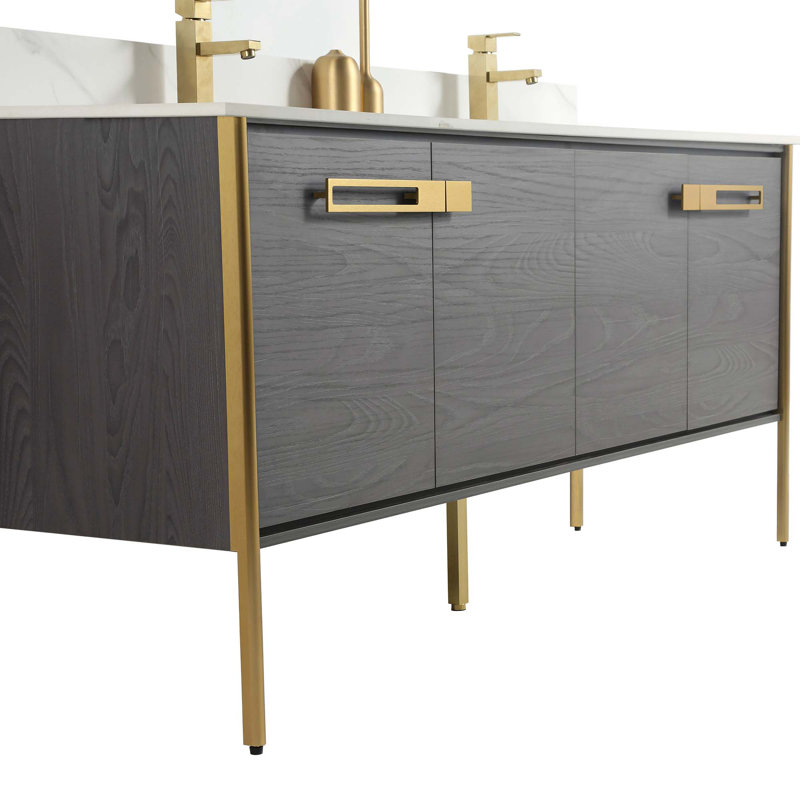 Meuble-lavabo double 72 po, Chêne noir, Laiton satiné