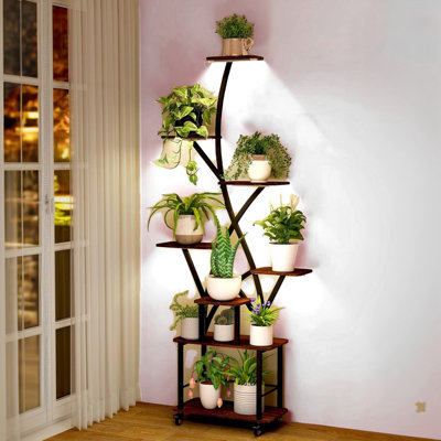 8-tier 64" Modern Indoor Plant Stand - Built-in Grow Light, Metal & Mdf Frame, Walnut+black (adjustable Shelves For Balcony/living Room)? by Latitude Run
