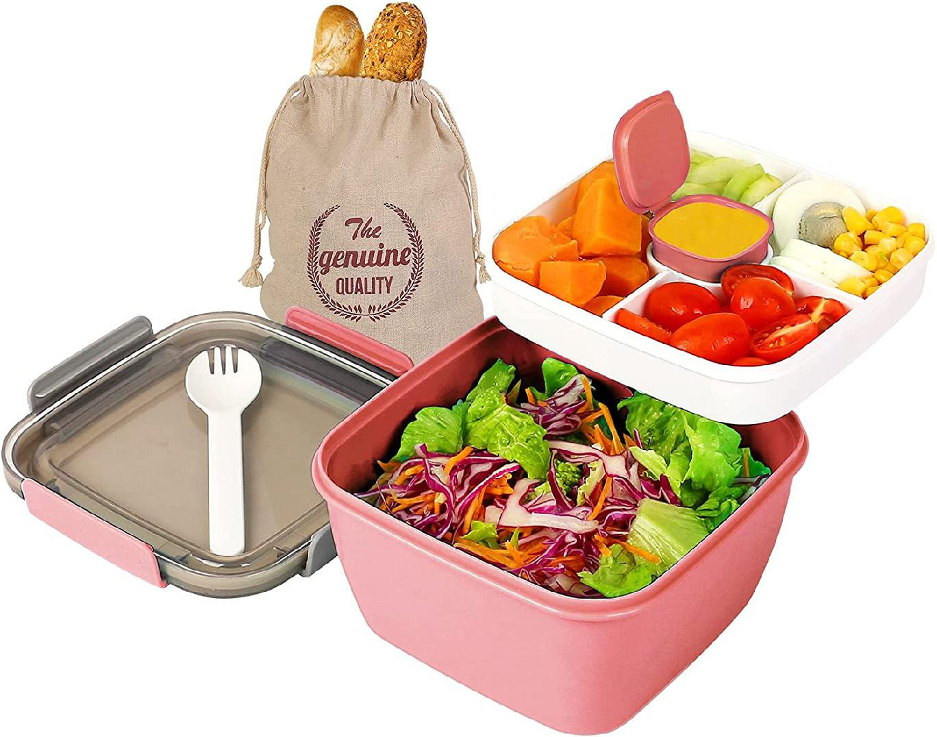 52oz Bento Lunch Box Salad Container 5 Compartment BPA Free Leak Proof Salad  Dressing Container with