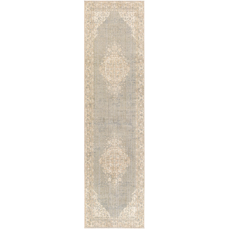 Tapis beige à motif floral Diomede, Tapis de couloir 2 pi 5 po x 10 pi