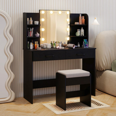 Ensemble coiffeuse avec miroir lumineux et tabouret avec prise de courant