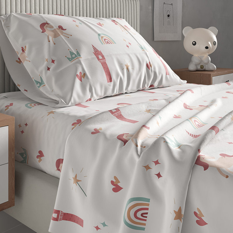 White Unicorn Print Twin Microfiber Kids Sheet Set