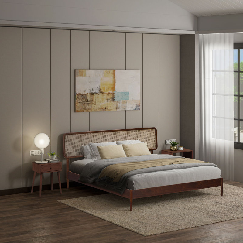 NTC Lupin Wooden Bed Frame with Headboard and Natural Rattan, Solid Oak/Rubber Wood Foundation with Silent Slats, 1000 Lb Capacity, Effortless Assembly