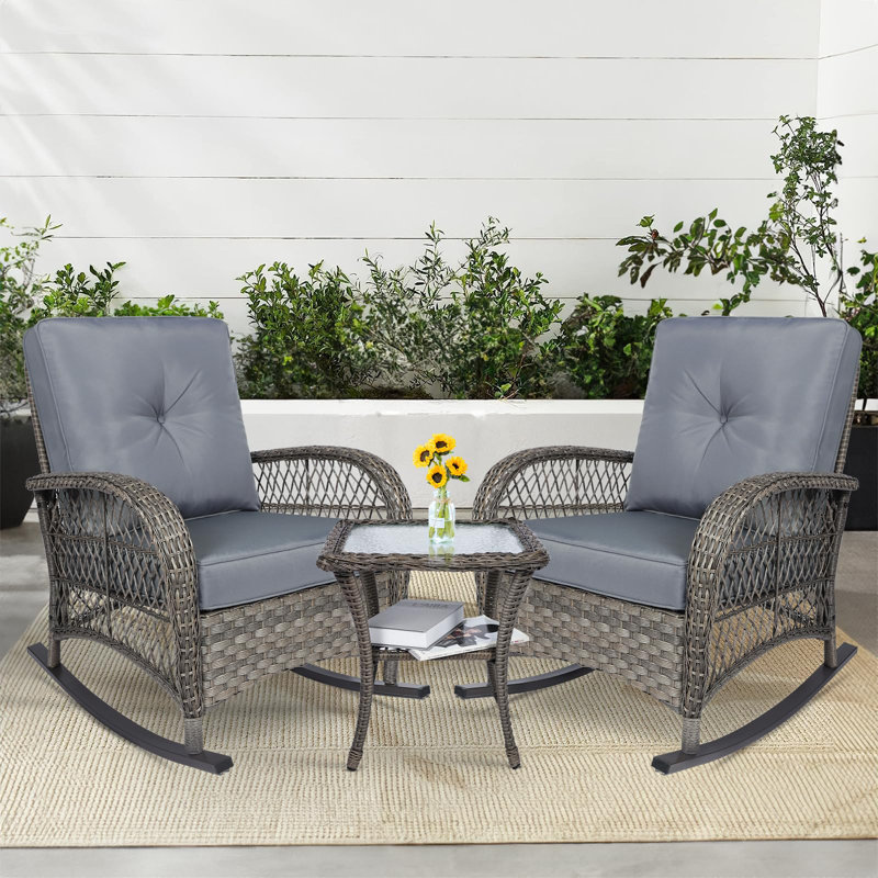 Gray Wicker Rocking Chair Set with Cushions and Glass-top Table