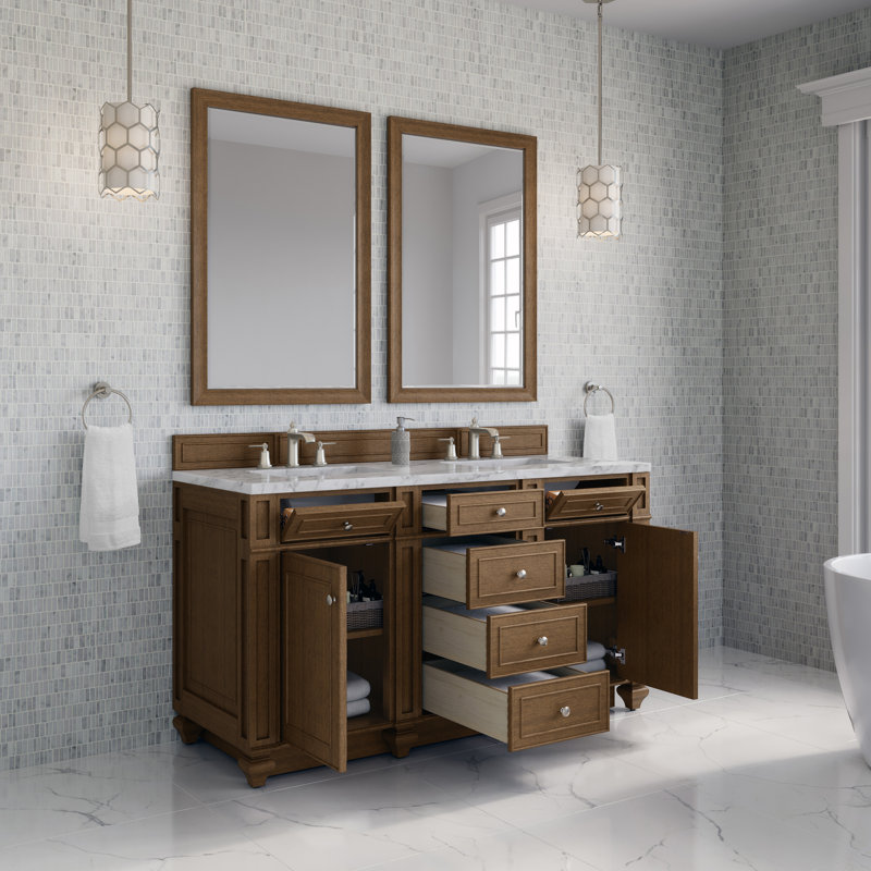 Bristol 60'' W Double Vanity, Saddle Brown, Carrara White, 8" Widespread