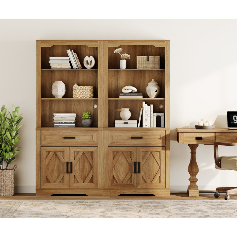 Laziza 5 Tier Bookcase With Barn Door,73.3" Tall Open Storage Bookshelf,Floor Standing Farmhouse Display Organizer With Drawer For Home Office,Living Room