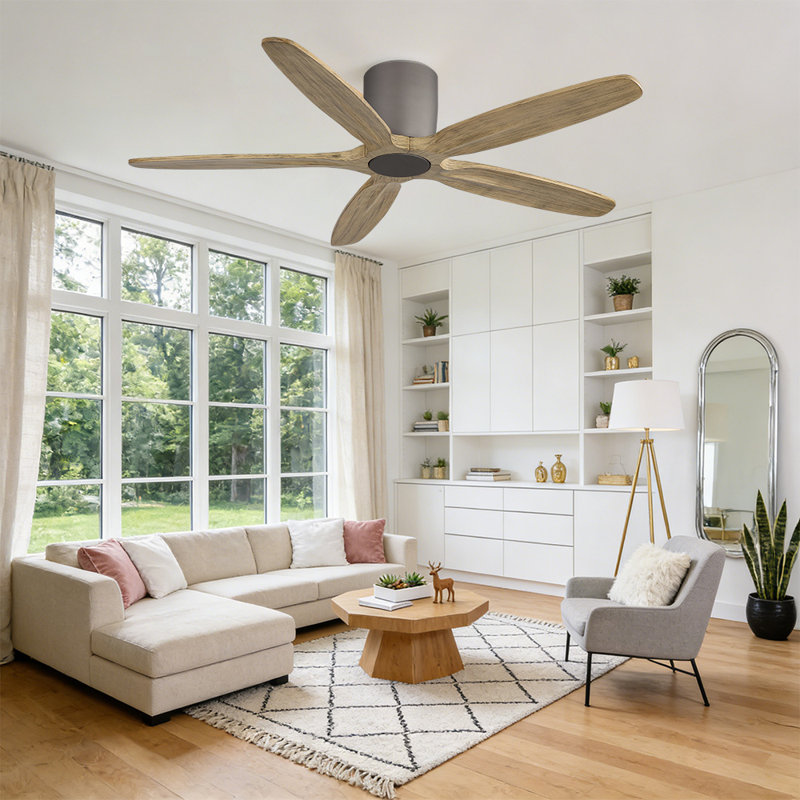 5-Soild Wood Blades Dc Motor Indoor Flush Mount Standard Ceiling Fan with Remote, Gray, Charcoal Gray