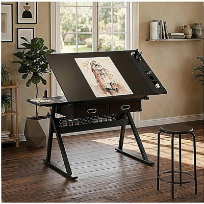 adjustable drawing drafting table desk with 2 drawers for home office and school with stool(white)