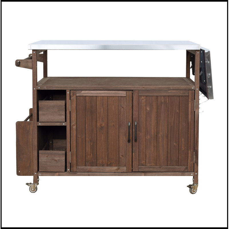 Chariot de cuisine d'extérieur avec plateau en acier inoxydable, support à épices, porte-serviettes et roulettes verrouillables
