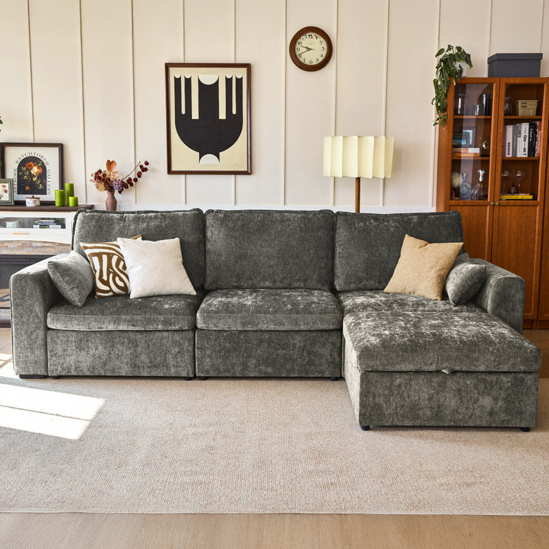 Single Chenille Storage Ottoman Wide Cloud Couch, Cushion Covers Removable, Freely Combined With Other Modules, Gray Chenille