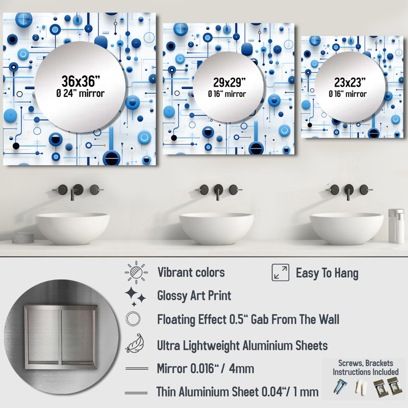 Cobalt bleu et blanc grille géométrique I - art mural moderne miroir carré pour salle de bain, 29 po x 29 po