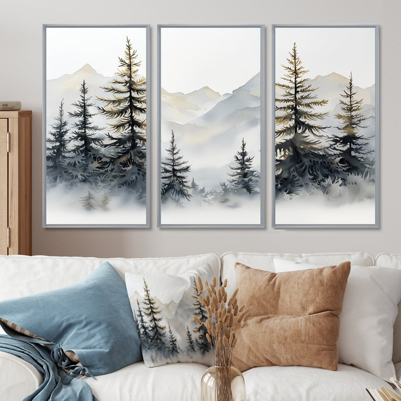 Green Pine Tree Misty Mountain - ensemble de reproductions d'art mural pin, Toile argentée avec cadre flottant