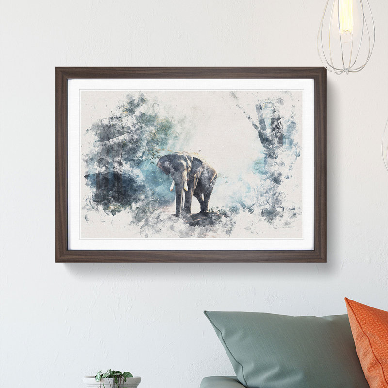 Elephant Roaming In A Green Forest - Picture Frame Painting, 40cm H x 60cm W x 2cm D, Walnut Framed