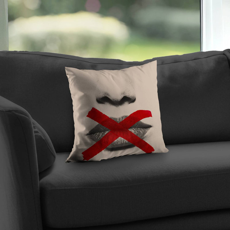 Grayscale Lips with Red X | Modern Figurative Throw Pillow – Poly Twill Throw Pillow with Insert, Double-Sided Print