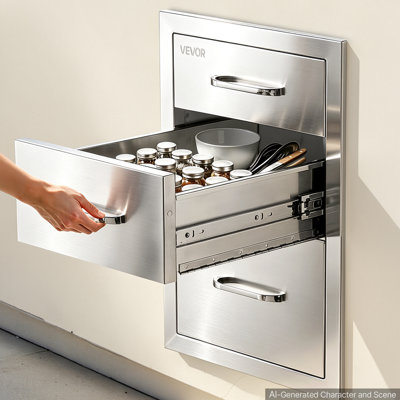 Tiroirs de cuisine extérieure, 53 cm L x 56 cm H x 36 cm P, 3 niveaux de rangement, avec poignée, pour îlot de barbecue, bar de terrasse et station de grillades. Ces tiroirs intégrés permettent d'organiser les accessoires de cuisine.