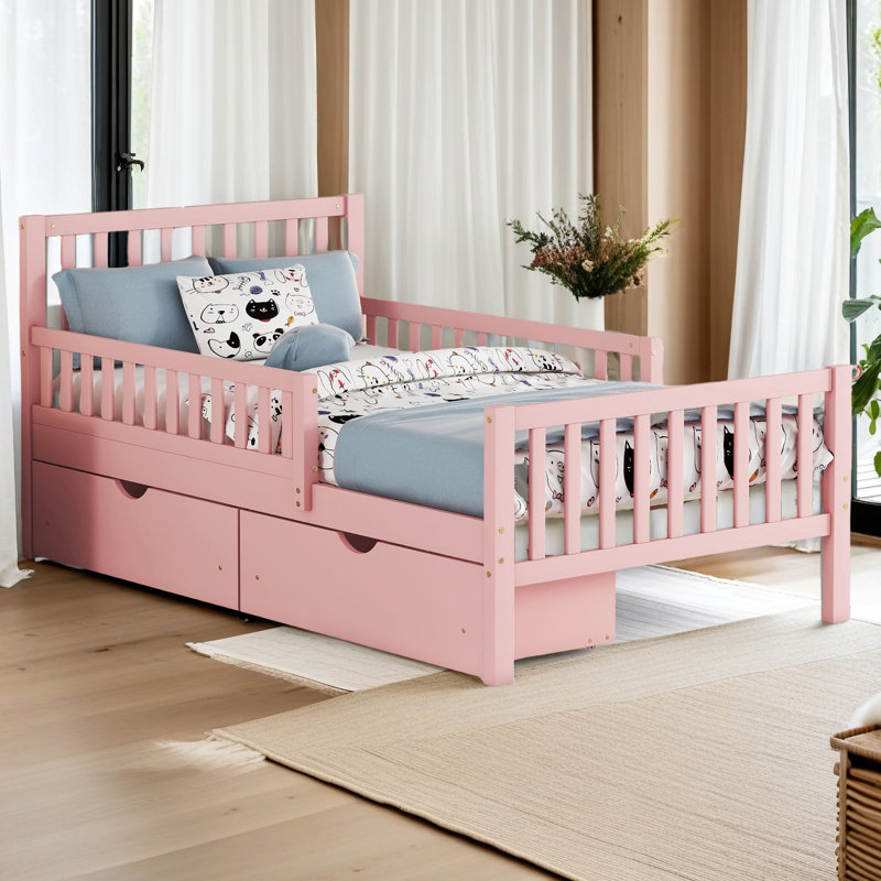 Lit plateforme simple en bois avec garde-corps des deux côtés et deux tiroirs de rangement, Rose