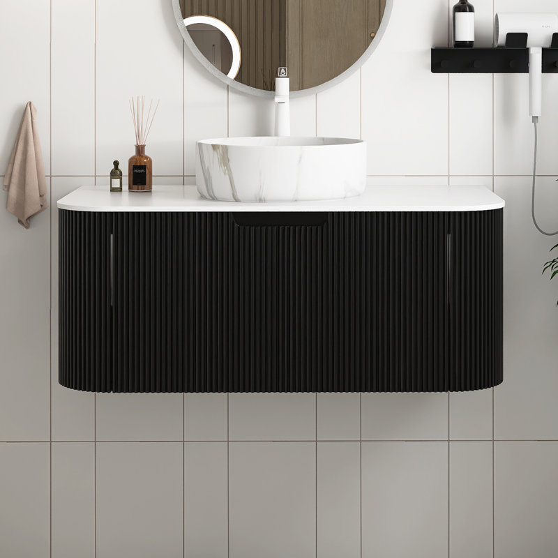 Meuble-lavabo mural avec plateau et tiroir, Noir, Marbre, 36"