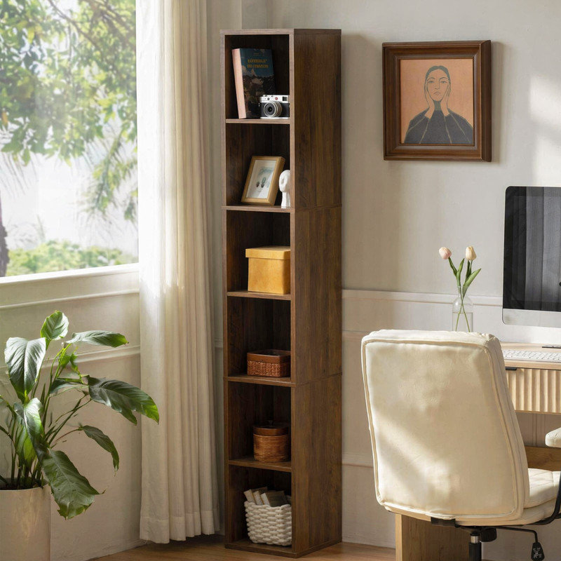 6-Tier Tall Narrow Bookshelf, Wooden Cube Storage Organizer with Closed Back, Vertical CD & Media Tower Rack for Living Room,
